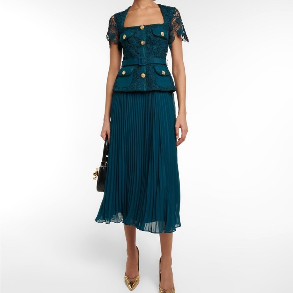 Self-Portrait Teal Pleated Midi Skirt